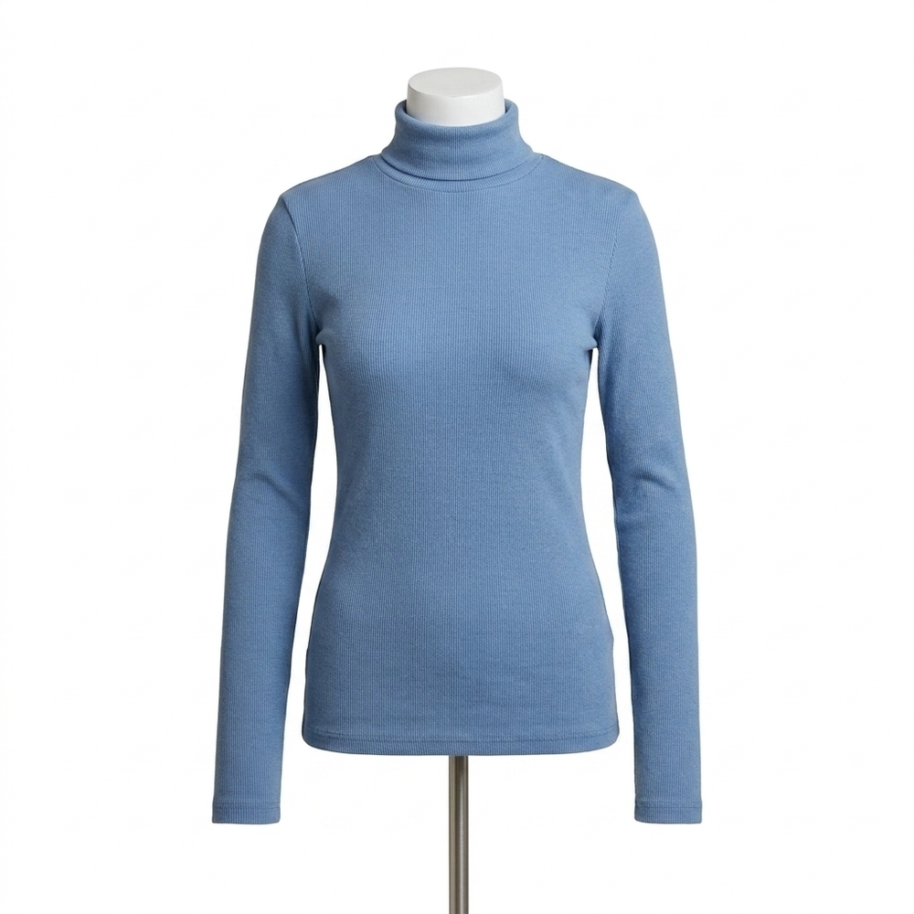 NEW AMBAR mock neck long sleeve cotton rib top in blue